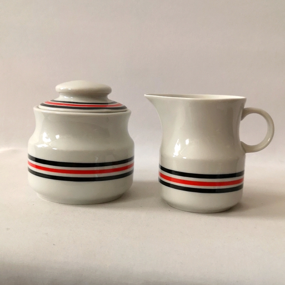 Ceramic Creamer & Sugar Bowl w/ Lid Set, Made in Poland, White Black Red Stripe